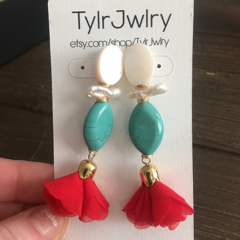 NWT pearl turquoise tassel statement earrings